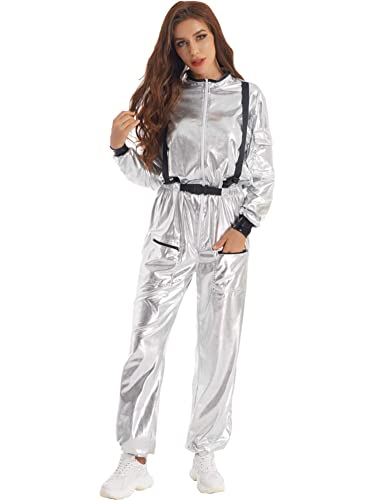 CHICTRY Astronauten Kostüm Damen Weltraum Raumfahrer Cosplay Verkleidung Langarm Overall Reißverschluss Jumpsuit Silber Raumanzug Silvester Outfit Glitzer Silber XL von CHICTRY