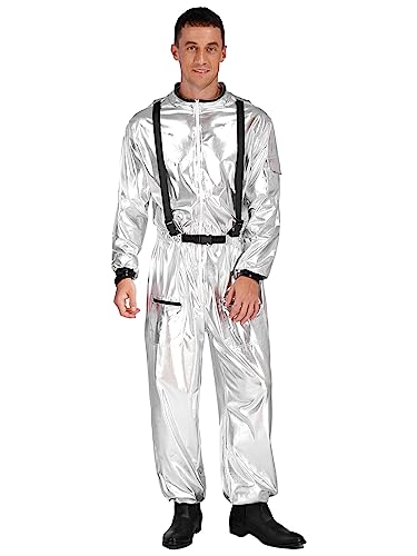 CHICTRY Astronauten Kostüm Herren Weltraum Raumfahrer Cosplay Verkleidung Langarm Overall Reißverschluss Jumpsuit Silber Raumanzug Silvester Outfit Glitzer Silber XL von CHICTRY