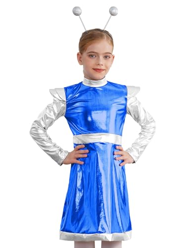 CHICTRY Astronauten Kostüm Kleid Kinder Mädchen Metallic Partykleid Festlich Langarm Rüschen Faltenkleid Patchwork Ballkleid Mit Alien Stirnband Outfits Königsblau 110-116 von CHICTRY