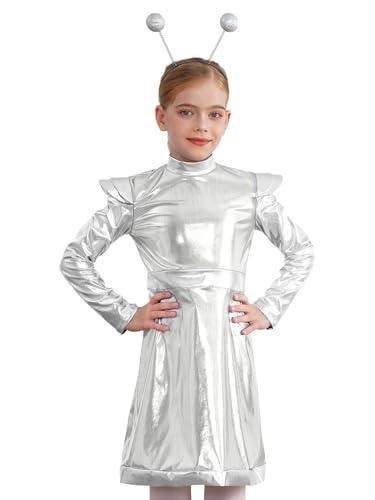 CHICTRY Astronauten Kostüm Kleid Kinder Mädchen Metallic Partykleid Festlich Langarm Rüschen Faltenkleid Patchwork Ballkleid Mit Alien Stirnband Outfits Silber 170 von CHICTRY