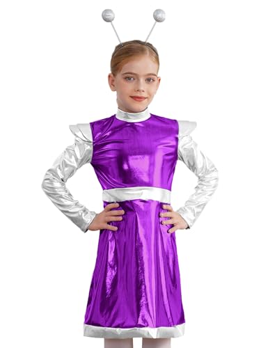 CHICTRY Astronauten Kostüm Kleid Kinder Mädchen Metallic Partykleid Festlich Langarm Rüschen Faltenkleid Patchwork Ballkleid Mit Alien Stirnband Outfits Violett 110-116 von CHICTRY