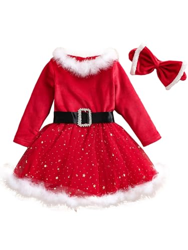 CHICTRY Baby Weihnachtskleid Mädchen Abendkleid Langarm Samtkleid Federbesatz Glitzer Sterne Weihnachtsrock Mit Stirnband Weihnachtskostüm Rot B 86-92 von CHICTRY