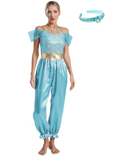 CHICTRY Bauchtanz Kostüm Damen Pailletten Overall Lang Jumpsuit Rüschen Tüll Belly Dance Outfit Mit Stirnband Prinzessin Halloween Karneval Cosplay Hellblau 4XL von CHICTRY