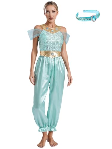 CHICTRY Bauchtanz Kostüm Damen Pailletten Overall Lang Jumpsuit Rüschen Tüll Belly Dance Outfit Mit Stirnband Prinzessin Halloween Karneval Cosplay Minzgrün S von CHICTRY