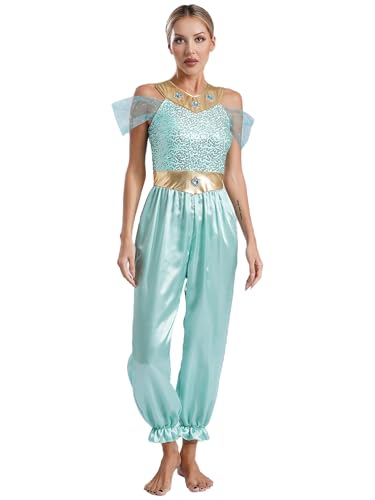 CHICTRY Bauchtanz Kostüm Damen Pailletten Overall Lang Jumpsuit Rüschen Tüll Ganzkörperanzug Belly Dance Outfit Prinzessin Halloween Karneval Cosplay Minzgrün 3XL von CHICTRY