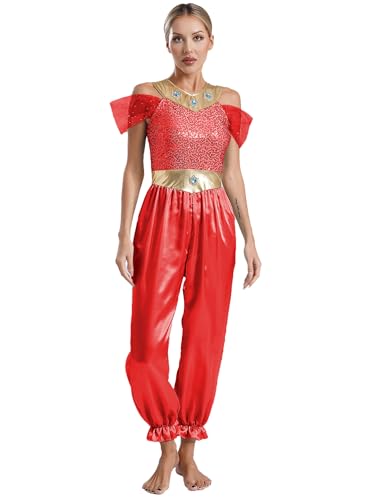 CHICTRY Bauchtanz Kostüm Damen Pailletten Overall Lang Jumpsuit Rüschen Tüll Ganzkörperanzug Belly Dance Outfit Prinzessin Halloween Karneval Cosplay Rot L von CHICTRY