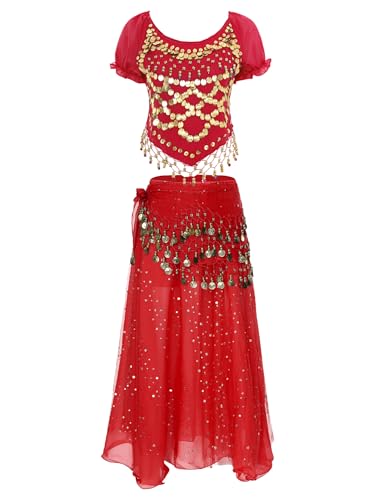 CHICTRY Bauchtanz Kostüm Damen Pailletten Tanz Shirt + Chiffon Maxirock + Münzen Hüfttuch 3tlg Belly Dance Outfit Faschingskostüm Rot Einheitsgröße von CHICTRY