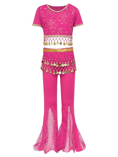 CHICTRY Bauchtanz Kostüm Kinder Mädchen Tanzkleidung Kurzarm Tanz Top Bauchfrei Oberteil Pailletten Münzen Quasten Schlaghose Für Fasching Karneval Hot Pink 134-140 von CHICTRY