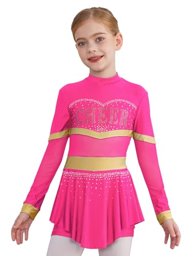 CHICTRY Cheer Leader Kleid Mädchen Strass Glitzer Tanzkleid Kinder Langarm Minikleid Faltenkleid Mit Innenshorts Schuluniform Cosplay Hot Pink 146-152 von CHICTRY