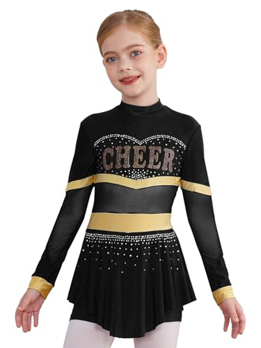 CHICTRY Cheer Leader Kleid Mädchen Strass Glitzer Tanzkleid Kinder Langarm Minikleid Faltenkleid Mit Innenshorts Schuluniform Cosplay Schwarz 122-128 von CHICTRY