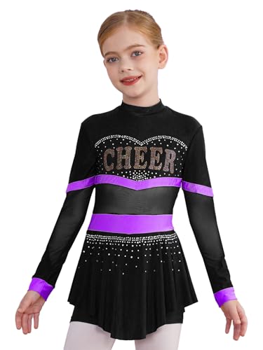 CHICTRY Cheer Leader Kleid Mädchen Strass Glitzer Tanzkleid Kinder Langarm Minikleid Faltenkleid Mit Innenshorts Schuluniform Cosplay Violett 170 von CHICTRY