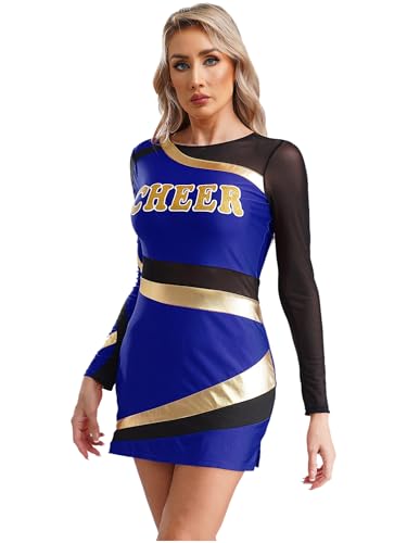 CHICTRY Cheer Leader Kostüm Damen Bodycon Kleid Langarm Metallic Patchwork Minikleid CHEER Print Tanzkleid Für Fasching Karneval Mottoparty Königsblau XL von CHICTRY