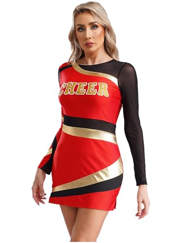 CHICTRY Cheer Leader Kostüm Damen Bodycon Kleid Langarm Metallic Patchwork Minikleid CHEER Print Tanzkleid Für Fasching Karneval Mottoparty Rot M von CHICTRY