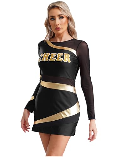 CHICTRY Cheer Leader Kostüm Damen Bodycon Kleid Langarm Metallic Patchwork Minikleid CHEER Print Tanzkleid Für Fasching Karneval Mottoparty Schwarz S von CHICTRY