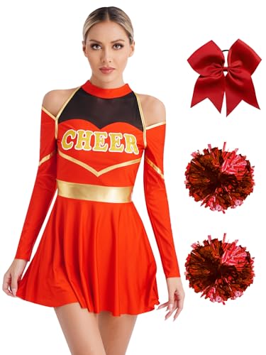 CHICTRY Cheer Leader Kostüm Damen Fancy Dress Uniform Mit Pompons Und Stirnband High School Cheerleading Kostüm Für Halloween Party Karneval A_Rot XXL von CHICTRY