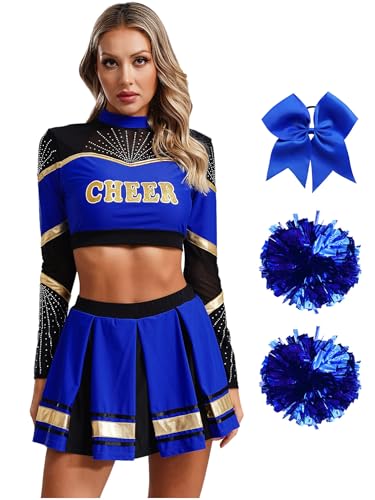 CHICTRY Cheer Leader Kostüm Damen Langarm Bauchfrei Oberteil Mit Faltenrock Schleife Stirnband Pompons Strümpfe 5tlg Cheerleaderin Uniform Set Blau L von CHICTRY