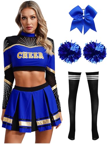 CHICTRY Cheer Leader Kostüm Damen Langarm Bauchfrei Oberteil Mit Faltenrock Schleife Stirnband Pompons Strümpfe 5tlg Cheerleaderin Uniform Set Blau Schwarz S von CHICTRY