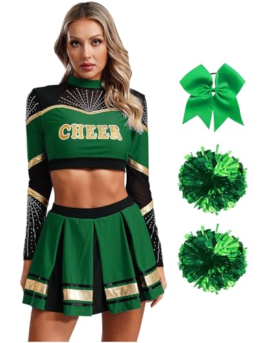 CHICTRY Cheer Leader Kostüm Damen Langarm Bauchfrei Oberteil Mit Faltenrock Schleife Stirnband Pompons Strümpfe 5tlg Cheerleaderin Uniform Set Grün L von CHICTRY