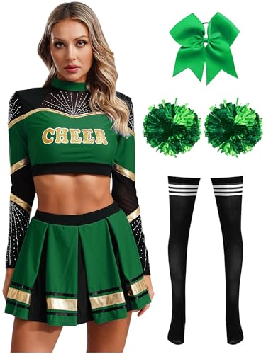 CHICTRY Cheer Leader Kostüm Damen Langarm Bauchfrei Oberteil Mit Faltenrock Schleife Stirnband Pompons Strümpfe 5tlg Cheerleaderin Uniform Set Grün Schwarz XXL von CHICTRY