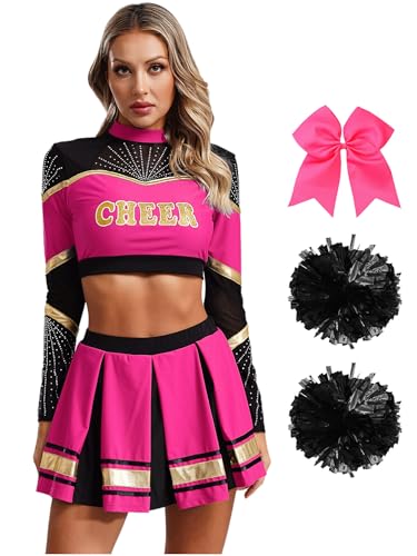 CHICTRY Cheer Leader Kostüm Damen Langarm Bauchfrei Oberteil Mit Faltenrock Schleife Stirnband Pompons Strümpfe 5tlg Cheerleaderin Uniform Set Hot Pink L von CHICTRY