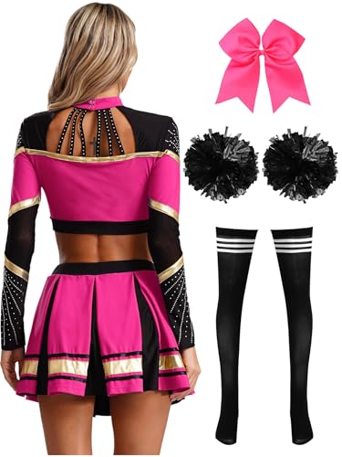 CHICTRY Cheer Leader Kostüm Damen Langarm Bauchfrei Oberteil Mit Faltenrock Schleife Stirnband Pompons Strümpfe 5tlg Cheerleaderin Uniform Set Hot Pink & Schwarz L von CHICTRY