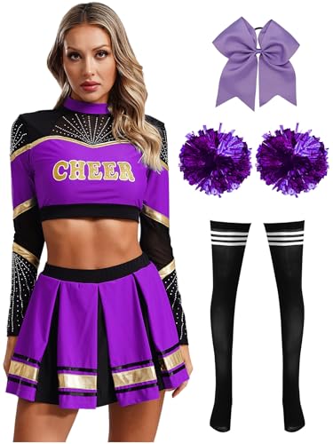 CHICTRY Cheer Leader Kostüm Damen Langarm Bauchfrei Oberteil Mit Faltenrock Schleife Stirnband Pompons Strümpfe 5tlg Cheerleaderin Uniform Set Lila & Schwarz L von CHICTRY