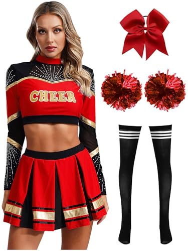 CHICTRY Cheer Leader Kostüm Damen Langarm Bauchfrei Oberteil Mit Faltenrock Schleife Stirnband Pompons Strümpfe 5tlg Cheerleaderin Uniform Set Rot schwarz XXL von CHICTRY