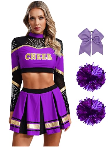 CHICTRY Cheer Leader Kostüm Damen Langarm Bauchfrei Oberteil Mit Faltenrock Schleife Stirnband Pompons Strümpfe 5tlg Cheerleaderin Uniform Set Violett L von CHICTRY