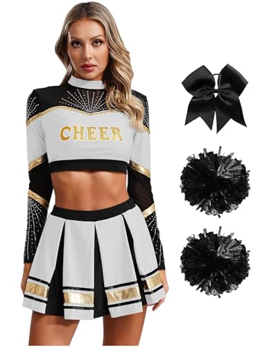 CHICTRY Cheer Leader Kostüm Damen Langarm Bauchfrei Oberteil Mit Faltenrock Schleife Stirnband Pompons Strümpfe 5tlg Cheerleaderin Uniform Set Weiß L von CHICTRY