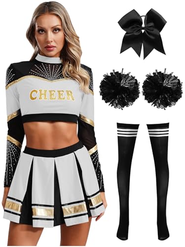 CHICTRY Cheer Leader Kostüm Damen Langarm Bauchfrei Oberteil Mit Faltenrock Schleife Stirnband Pompons Strümpfe 5tlg Cheerleaderin Uniform Set Weiß schwarz M von CHICTRY