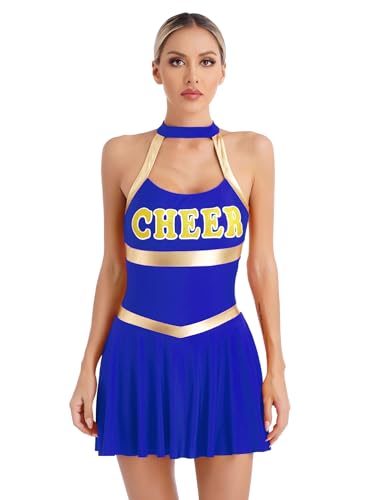 CHICTRY Cheer Leader Kostüm Damen Sexy High School Uniform Neckholder Kleid Metallic Patchwork Tanzkleid Mit Buchstaben Print Tanzkostüm Königsblau XXL von CHICTRY