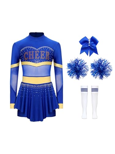 CHICTRY Cheer Leader Kostüm Kinder Langarm Cheerleading Kleid Mädchen Strass Glitzer Schumädchen Uniform Mit Haarband Pompons Strümpfe Tanzkostüm Blau 122-128 von CHICTRY