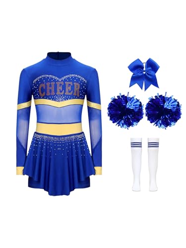 CHICTRY Cheer Leader Kostüm Kinder Langarm Cheerleading Kleid Mädchen Strass Glitzer Schumädchen Uniform Mit Haarband Pompons Strümpfe Tanzkostüm Königsblau A 110-116 von CHICTRY