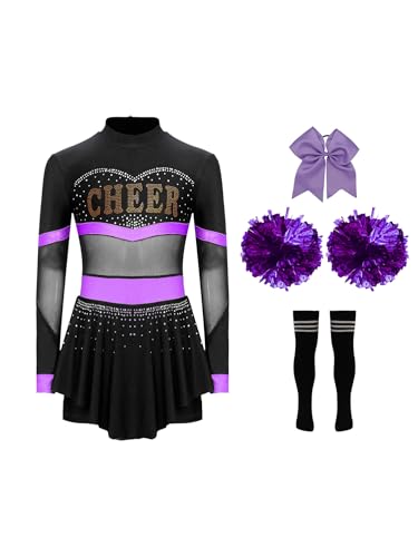 CHICTRY Cheer Leader Kostüm Kinder Langarm Cheerleading Kleid Mädchen Strass Glitzer Schumädchen Uniform Mit Haarband Pompons Strümpfe Tanzkostüm Lila A 110-116 von CHICTRY