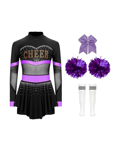 CHICTRY Cheer Leader Kostüm Kinder Langarm Cheerleading Kleid Mädchen Strass Glitzer Schumädchen Uniform Mit Haarband Pompons Strümpfe Tanzkostüm Lila C 122-128 von CHICTRY