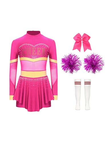 CHICTRY Cheer Leader Kostüm Kinder Langarm Cheerleading Kleid Mädchen Strass Glitzer Schumädchen Uniform Mit Haarband Pompons Strümpfe Tanzkostüm Pink B 110-116 von CHICTRY