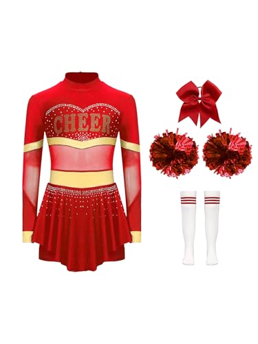 CHICTRY Cheer Leader Kostüm Kinder Langarm Cheerleading Kleid Mädchen Strass Glitzer Schumädchen Uniform Mit Haarband Pompons Strümpfe Tanzkostüm Rot A 122-128 von CHICTRY