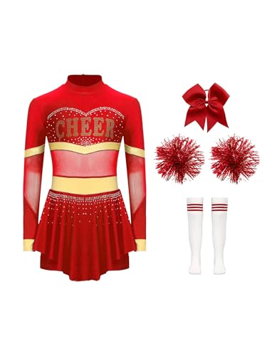 CHICTRY Cheer Leader Kostüm Kinder Langarm Cheerleading Kleid Mädchen Strass Glitzer Schumädchen Uniform Mit Haarband Pompons Strümpfe Tanzkostüm Rot B 134-140 von CHICTRY