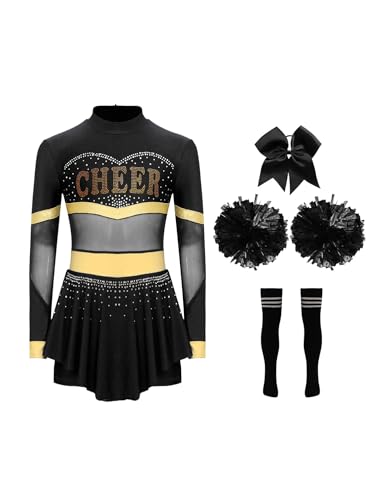 CHICTRY Cheer Leader Kostüm Kinder Langarm Cheerleading Kleid Mädchen Strass Glitzer Schumädchen Uniform Mit Haarband Pompons Strümpfe Tanzkostüm Schwarz A 146-152 von CHICTRY