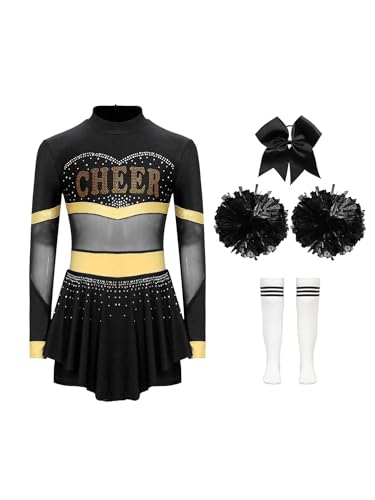 CHICTRY Cheer Leader Kostüm Kinder Langarm Cheerleading Kleid Mädchen Strass Glitzer Schumädchen Uniform Mit Haarband Pompons Strümpfe Tanzkostüm Schwarzes B 170 von CHICTRY