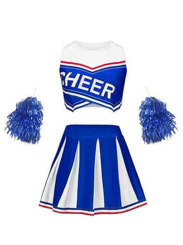 CHICTRY Cheer Leader Kostüm Kinder Mädchen BH Oberteil Kurz Tanz Top Mit Faltenrock Pompons 3tlg Tanzkostüm Für Fasching Karneval Blau 134-140 von CHICTRY