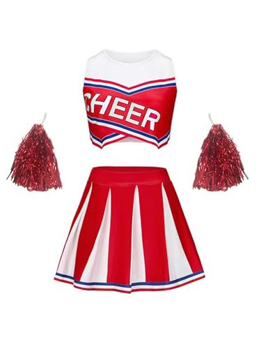 CHICTRY Cheer Leader Kostüm Kinder Mädchen BH Oberteil Kurz Tanz Top Mit Faltenrock Pompons 3tlg Tanzkostüm Für Fasching Karneval Rot 104-110 von CHICTRY