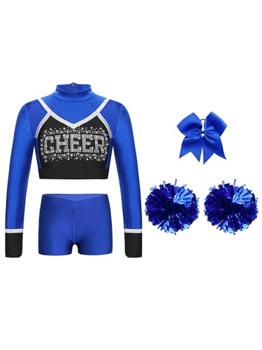 CHICTRY Cheer Leader Kostüm Kinder Mädchen Langarm Tanz Top Bauchfrei CHEER Print T-Shirt Mit Shorts Pompons Stirnband Tanzkostüm Blau 110-116 von CHICTRY