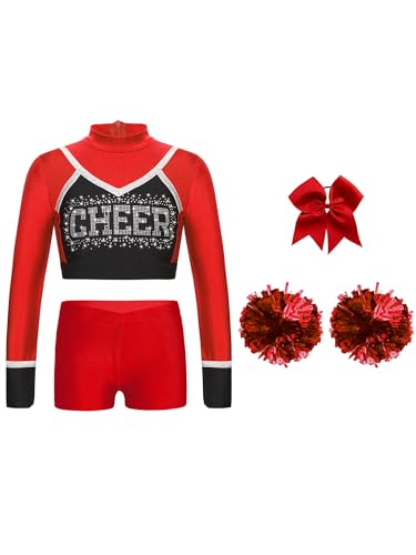 CHICTRY Cheer Leader Kostüm Kinder Mädchen Langarm Tanz Top Bauchfrei CHEER Print T-Shirt Mit Shorts Pompons Stirnband Tanzkostüm Rot 122-128 von CHICTRY