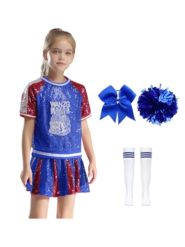 CHICTRY Cheer Leader Kostüm Mit Pompons Haarband Strümpfe Kinder Mädchen 6tlg Tanzkleidung Pailletten Glitzer Shirt Patchwork Faltenrock Cosplay Outfit Blau 110-116 von CHICTRY