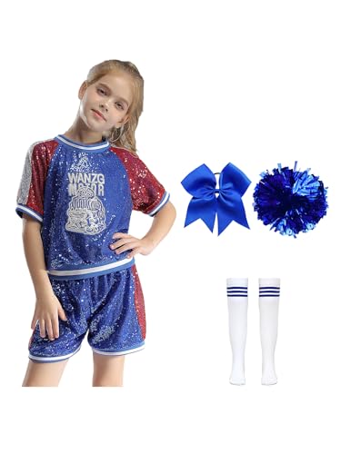 CHICTRY Cheer Leader Kostüm Mit Pompons Haarband Strümpfe Kinder Mädchen 6tlg Tanzkleidung Pailletten Glitzer Shirt Patchwork Faltenrock Cosplay Outfit Blau ohne shorts 110-116 von CHICTRY