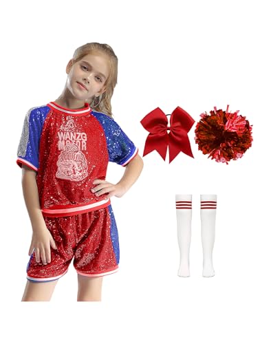 CHICTRY Cheer Leader Kostüm Mit Pompons Haarband Strümpfe Kinder Mädchen 6tlg Tanzkleidung Pailletten Glitzer Shirt Patchwork Faltenrock Cosplay Outfit Rot ohne shorts 110-116 von CHICTRY