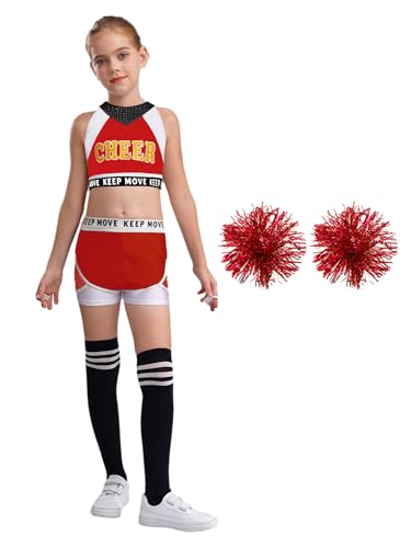 CHICTRY Cheer Leader Outfit Kinder Mädchen Bauchfrei Tanz Oberteil Mit High Waist Shorts Pompons Strümpfe 4tlg Tanzkleidung High School Uniform Rot-Weiss 122-128 von CHICTRY