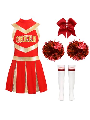 CHICTRY Cheerleaderin Kleid Kinder Mädchen Tanz Outfit Ärmellos Sportkleid Metallic CHEER Print Tanzkleid Mit Pompons Haarband Strümpfe 4tlg Dancewear A Rot 158-164 von CHICTRY