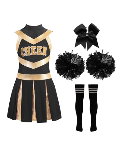 CHICTRY Cheerleaderin Kleid Kinder Mädchen Tanz Outfit Ärmellos Sportkleid Metallic CHEER Print Tanzkleid Mit Pompons Haarband Strümpfe 4tlg Dancewear A Schwarz 158-164 von CHICTRY